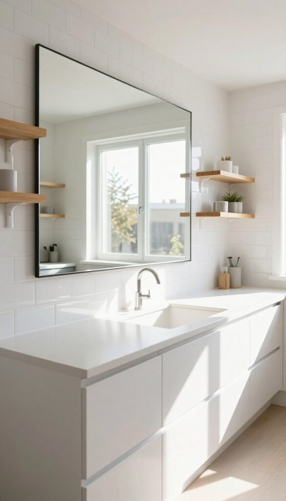 Bright rectangular kitchen with large mirror on end wall and glossy white subway tile backsplash, reflecting light and creating an airy feel.