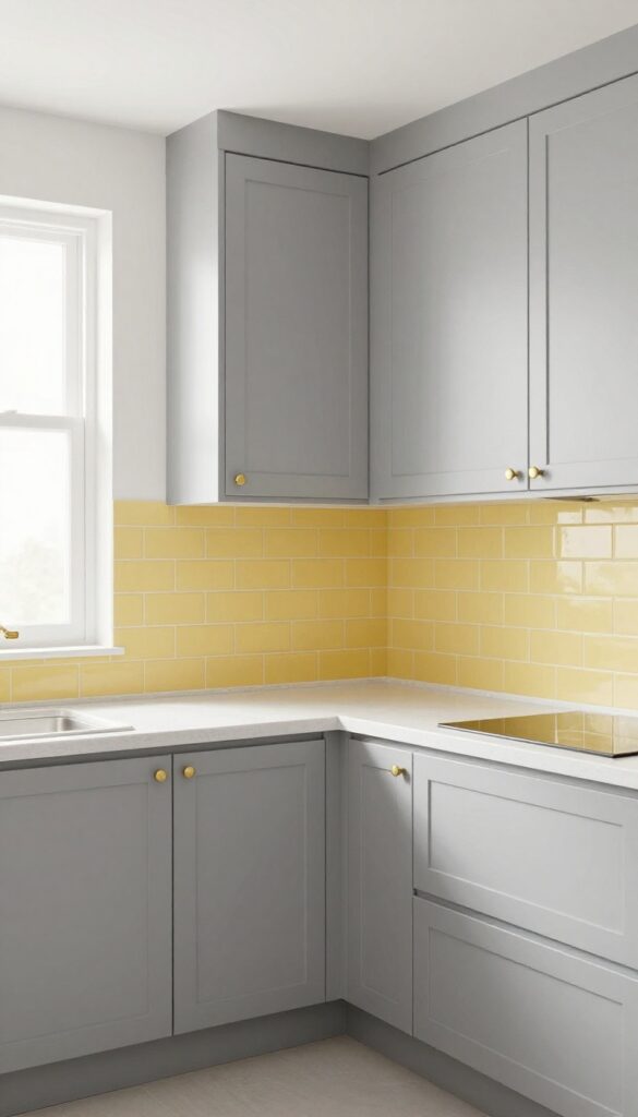 Small kitchen with soft grey cabinets and a sunny yellow tile backsplash, brass hardware, white countertop, natural light