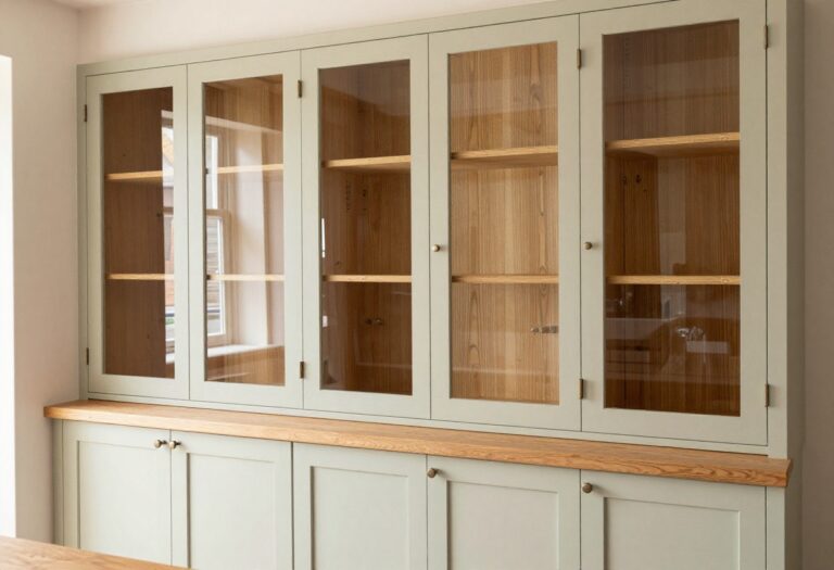 Cozy kitchen with glass-front upper cabinets and warm wood lower cabinets, layered textures, and soft lighting.
