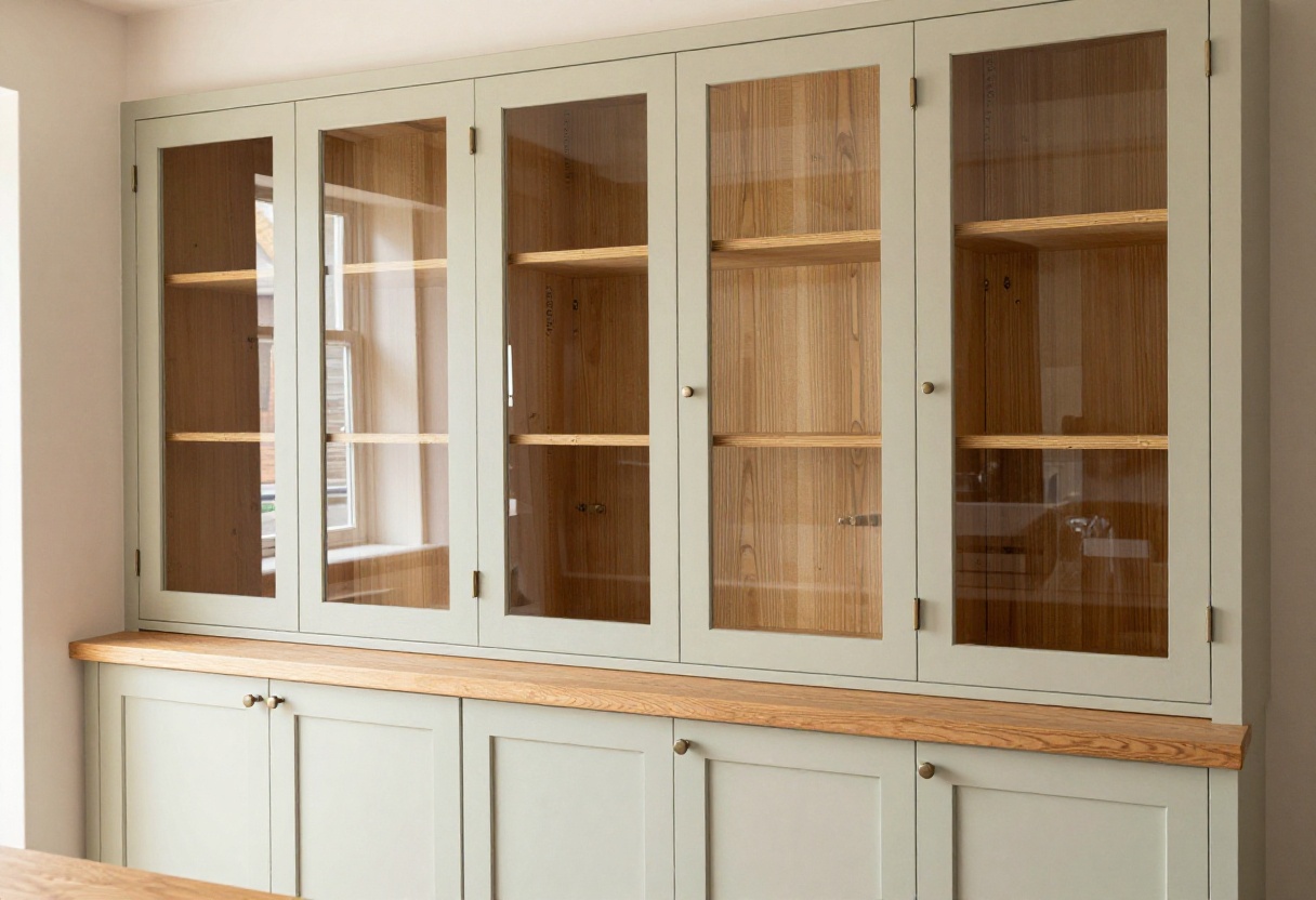 Cozy kitchen with glass-front upper cabinets and warm wood lower cabinets, layered textures, and soft lighting.