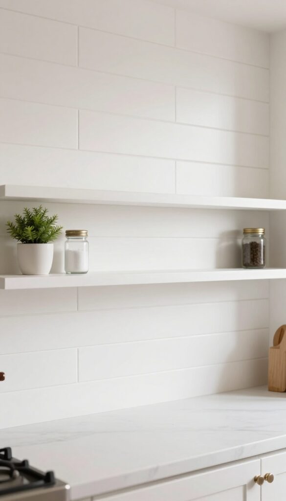 White shiplap backsplash with narrow shelf ledges holding a jar, plant, and spice jar, bright natural light.