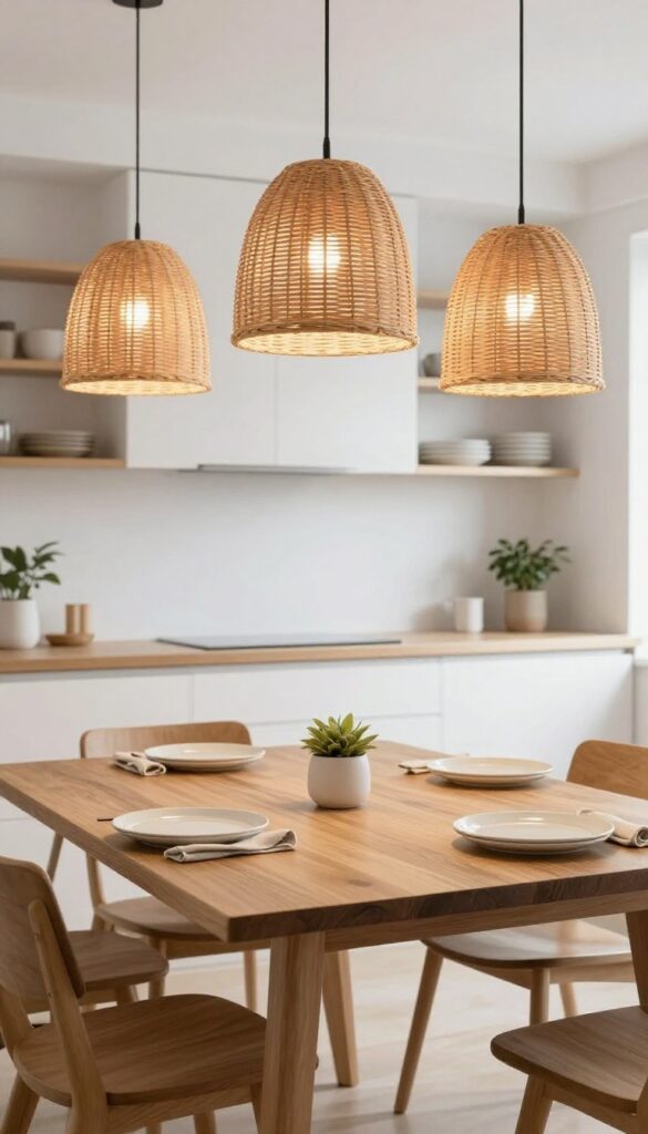 Low-hanging rattan pendant lights over a wooden dining table in a bright kitchen, creating an intimate eat-in dining area.
