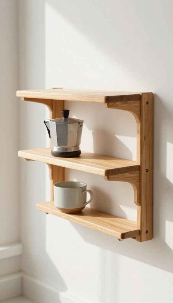 Wall-mounted folding shelf with coffee maker and mug in a bright kitchen