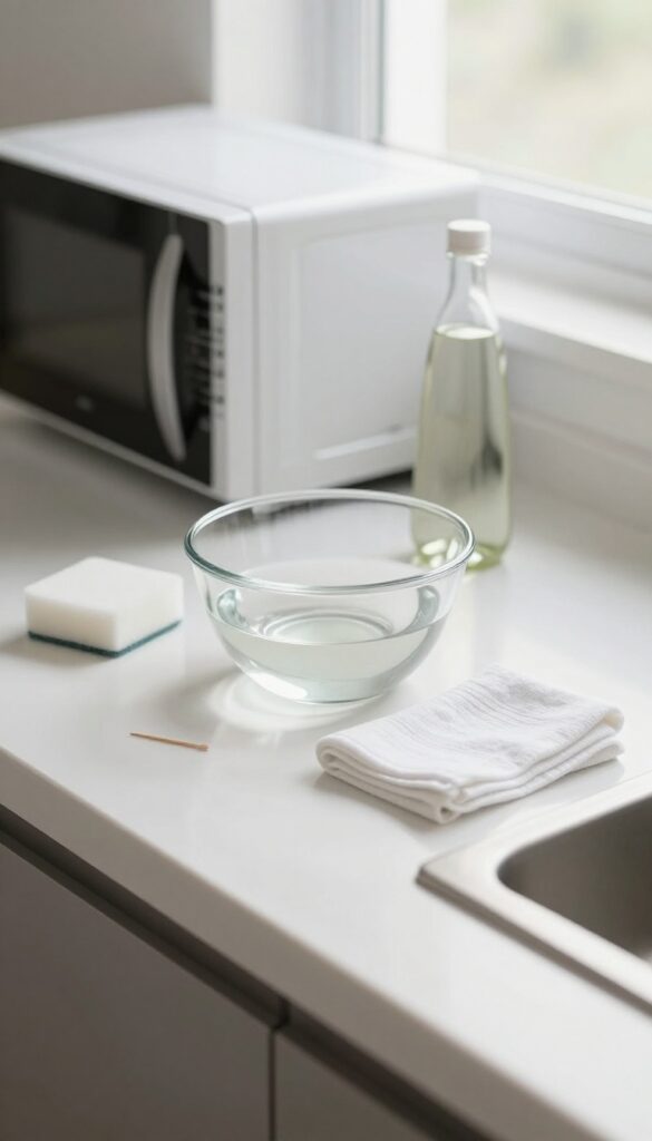 Microwave cleaning supplies including a glass bowl, white vinegar, sponge, and cloth on a kitchen counter