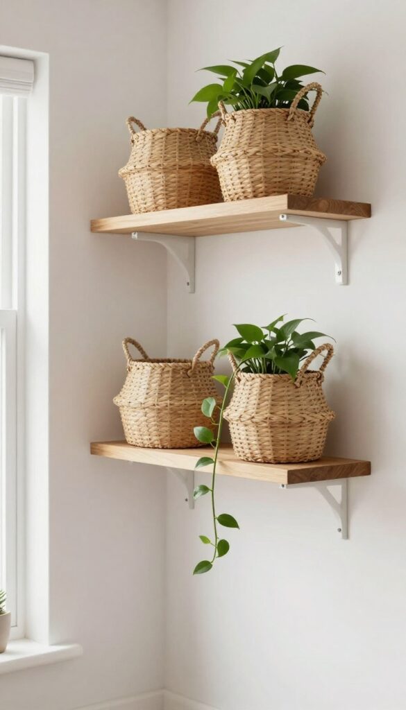 Open shelving with woven baskets in a kitchen corner, styled with a small plant, warm natural light.