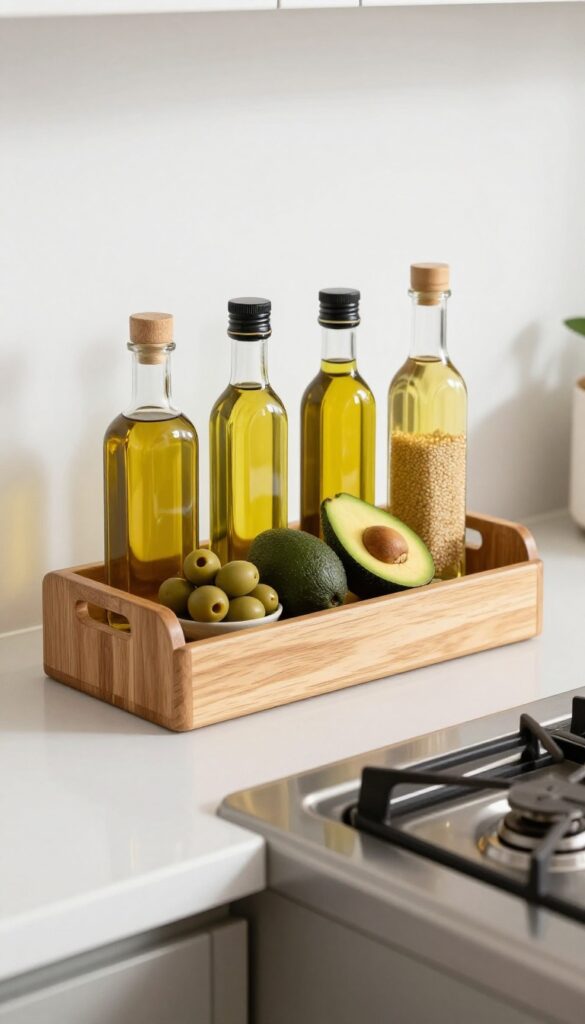 Tiered countertop caddy with olive oil, avocado oil, and sesame oil bottles near stovetop