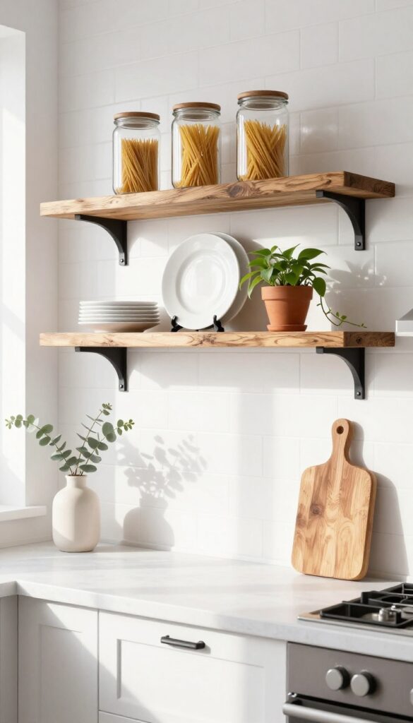 Modern country kitchen with open shelving displaying minimal white dishes, glass jars, and a trailing plant on reclaimed wood shelves with black metal brackets.
