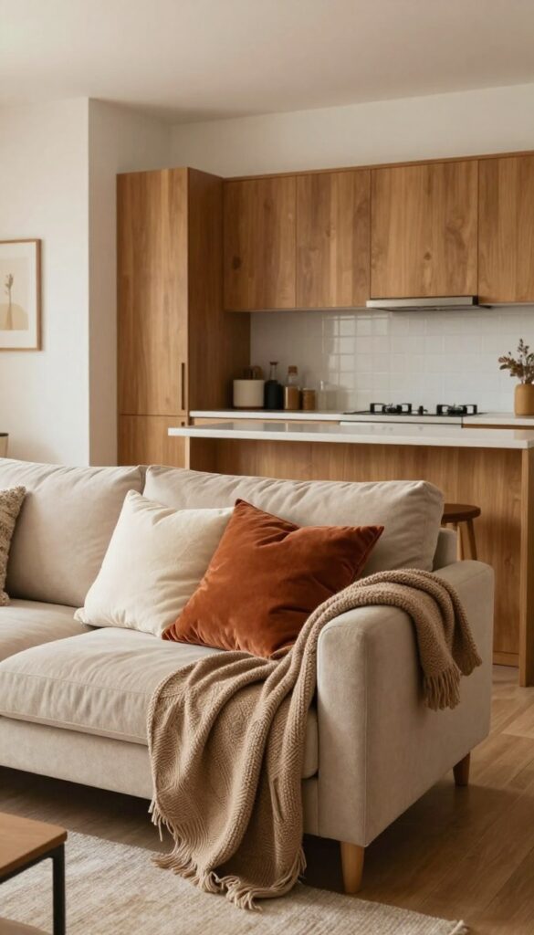 Cozy small open-plan living room and kitchen with textured throw pillows and blankets on sofa, warm natural light