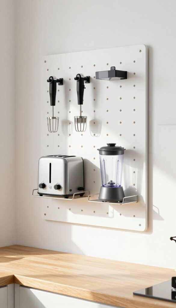 Pegboard with small appliances mounted on shelves, cords managed with clips, in a bright kitchen
