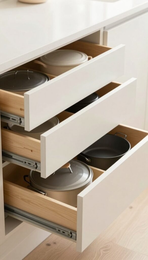 Modern kitchen island with deep drawers for pots and pans, organized with dividers, soft-close slides, and matte slab fronts.