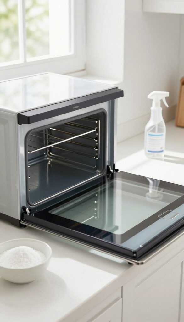 Clean oven interior with open door, baking soda and vinegar on counter