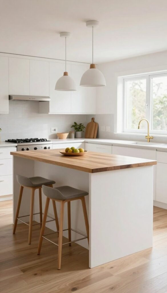 Narrow kitchen island with a pull-out table extended, two bar stools tucked underneath, in a bright modern kitchen.
