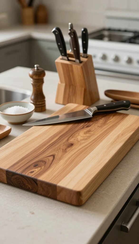 A large wooden cutting board on a kitchen counter with a knife block and salt bowl, warm natural light, lived-in feel.