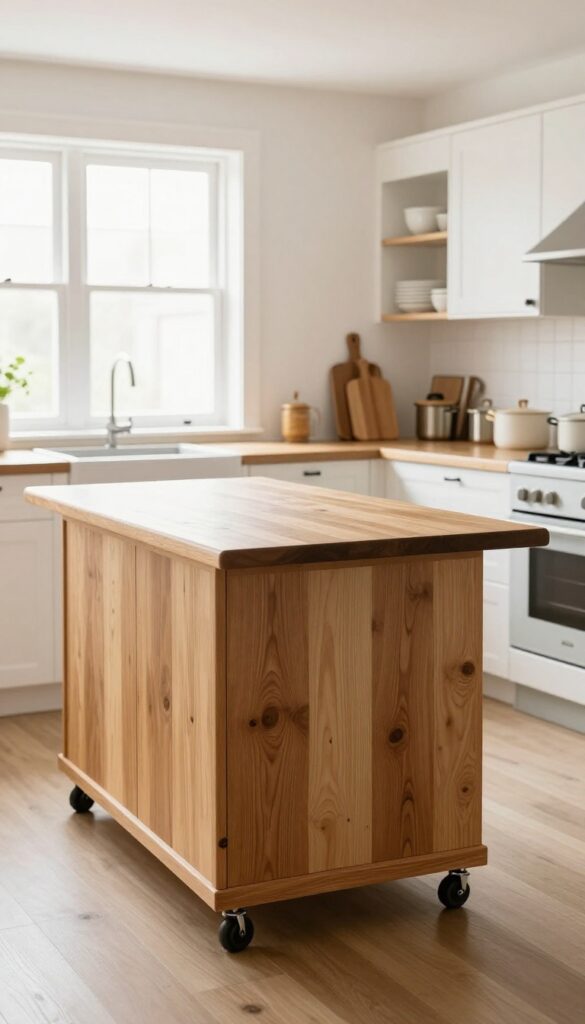 Small basement kitchen with a rolling butcher block island on casters, providing flexible prep space and storage.