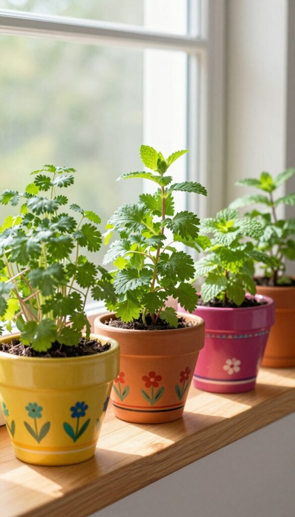 Hand-painted terracotta pots with fresh herbs on a kitchen windowsill, colorful folk art patterns, natural light, photorealistic