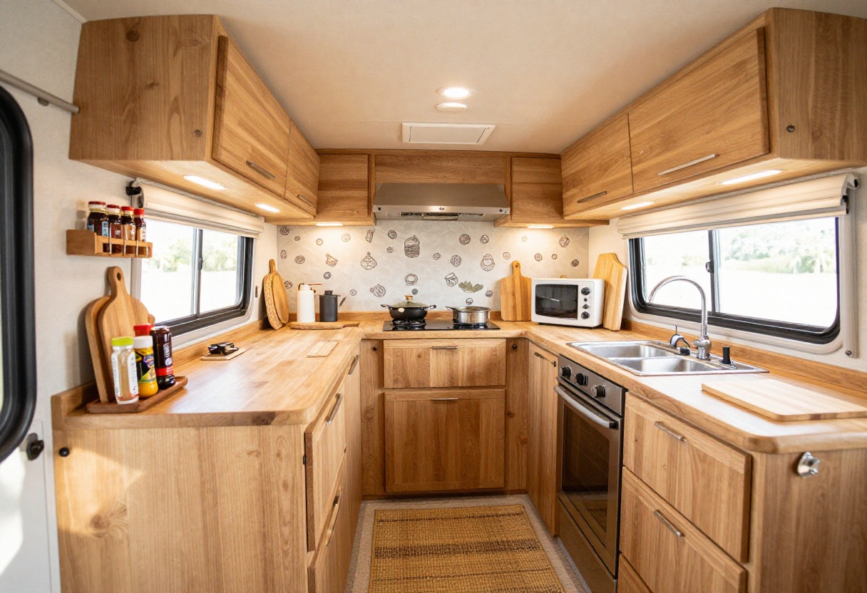 Cozy RV kitchen with organized countertops and warm decor