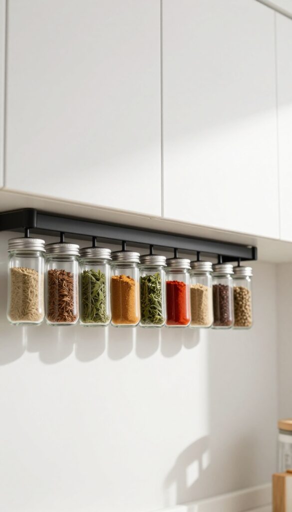 Under-cabinet spice rack strip with clear glass jars of spices hanging in a row, modern kitchen, bright natural light.