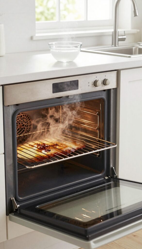 Oven door open showing burnt interior with a bowl of ammonia on the top rack, soft natural light.