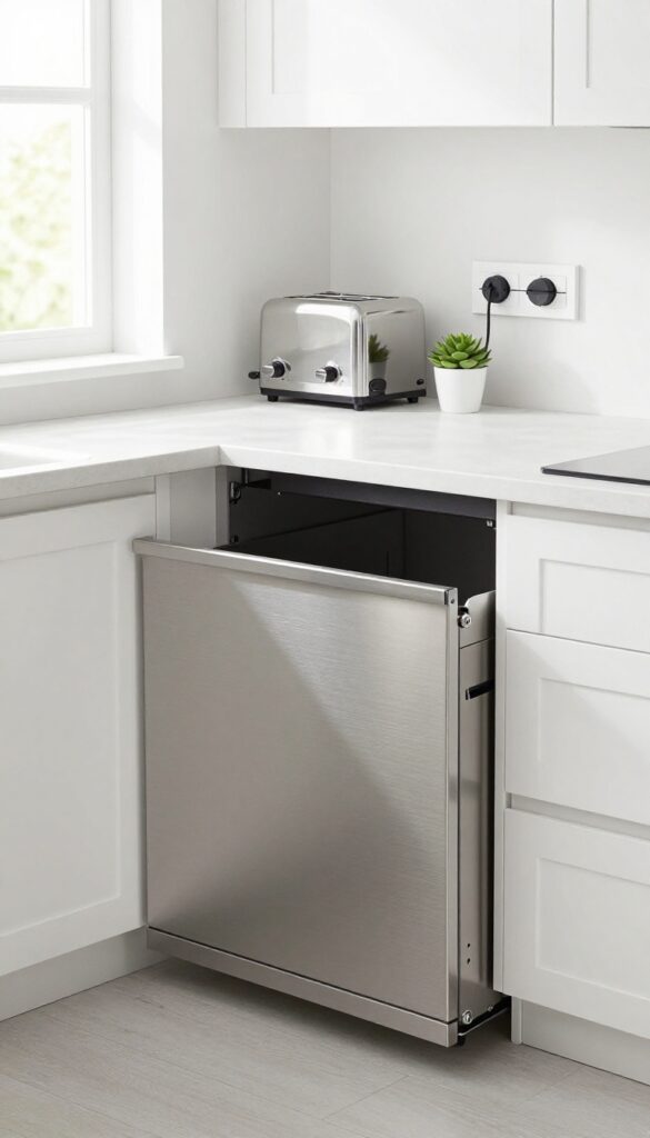 Modern kitchen counter with a roll-top appliance garage hiding a toaster and coffee maker, clean and uncluttered.