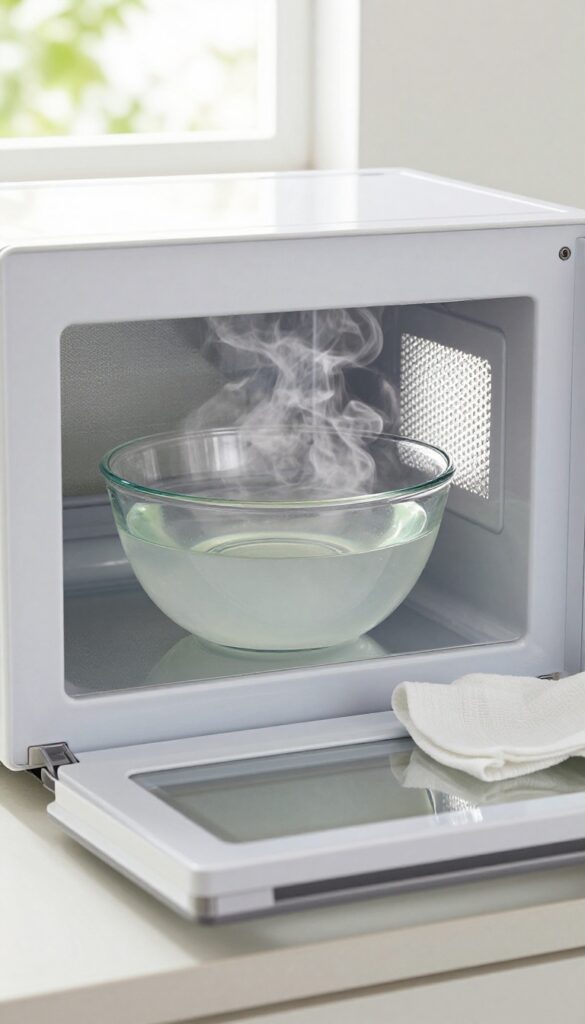 Microwave with bowl of vinegar steam inside, kitchen background, clean and bright
