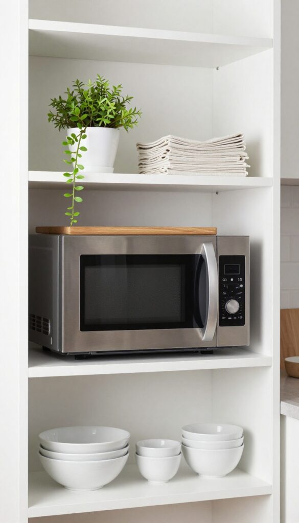 Open shelving trio in a kitchen corner with microwave on middle shelf, styled with plant, napkins, bowls, and cookbooks.