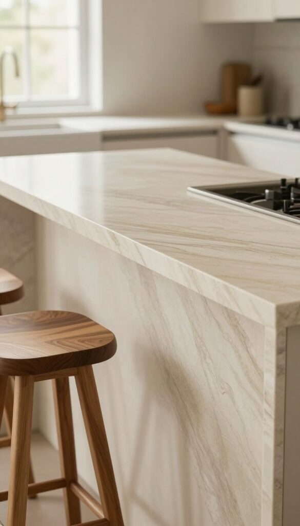 Kitchen peninsula with waterfall edge countertop and warm wood stools in bright natural light