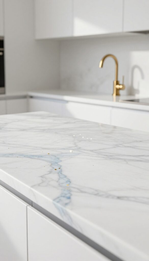 Close-up of blue and gold marble countertop with white cabinets and gold faucet