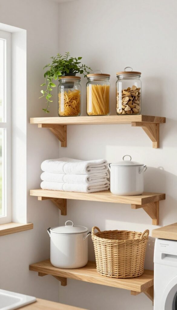 Open shelving in a shared kitchen-laundry corner with glass jars, towels, and a plant, creating a tidy and airy look.