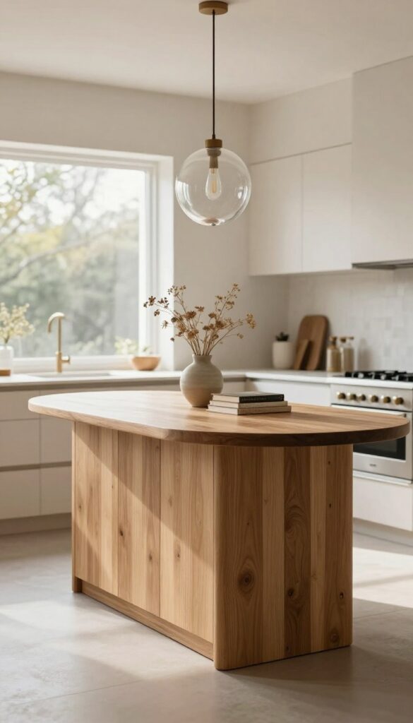 A kitchen island with a single turned wood pedestal base and a round butcher block countertop, styled with a pendant light, vase, and cookbooks in a bright open-plan space.