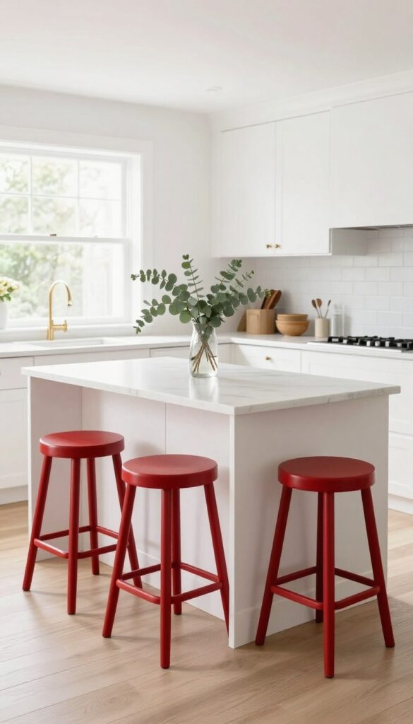 Bright kitchen with white island and three red bar stools