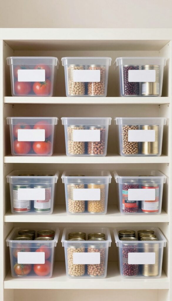 Clear bins with labels for canned goods on a pantry shelf