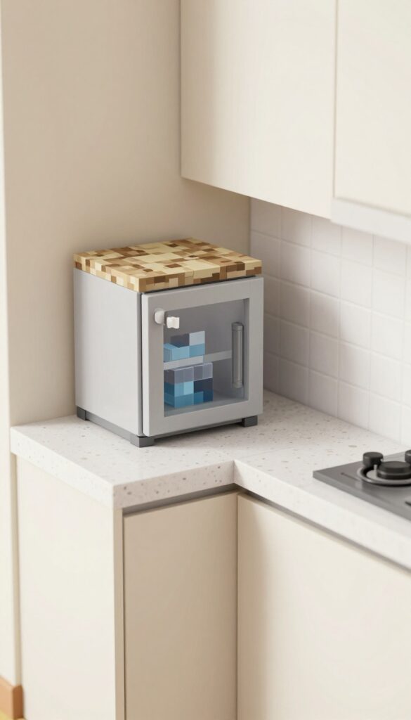 Mini fridge with ice blocks in a small Minecraft kitchen