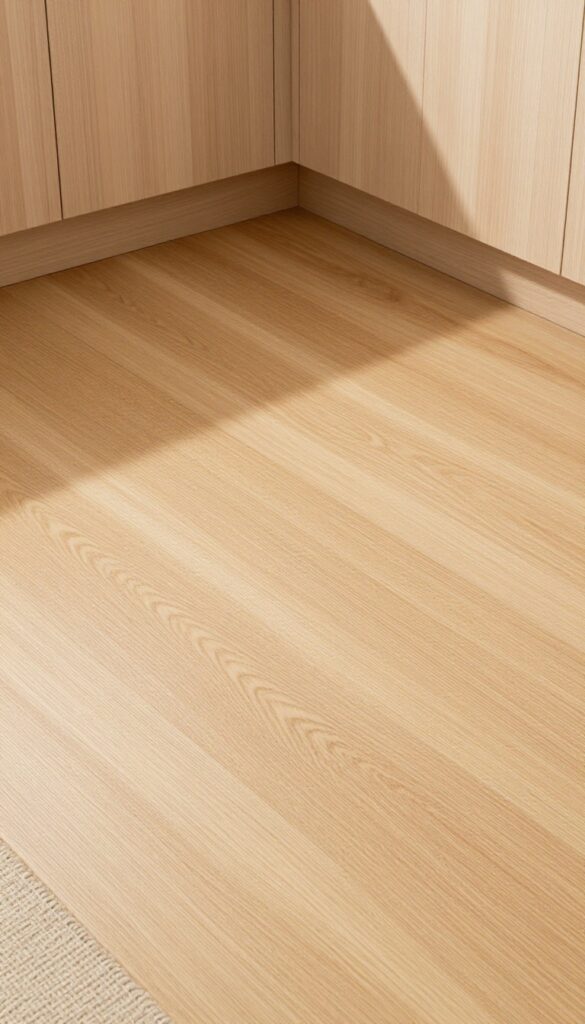 Close-up of warm cork flooring in a small kitchen with natural light and a woven rug