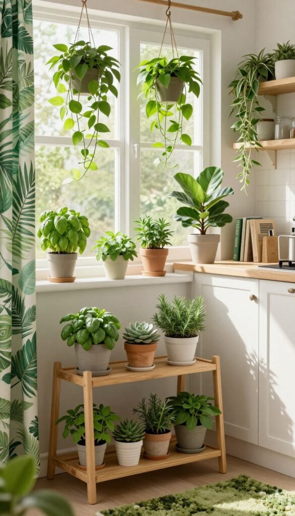 A warm, lush kitchen filled with hanging plants, herbs on the windowsill, and succulents on shelves, creating a cozy greenhouse atmosphere.