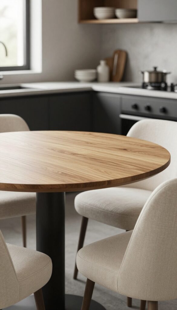 Round kitchen table with slim black metal base and warm oak top, paired with cream upholstered chairs in a bright modern kitchen nook with concrete countertops and open shelving