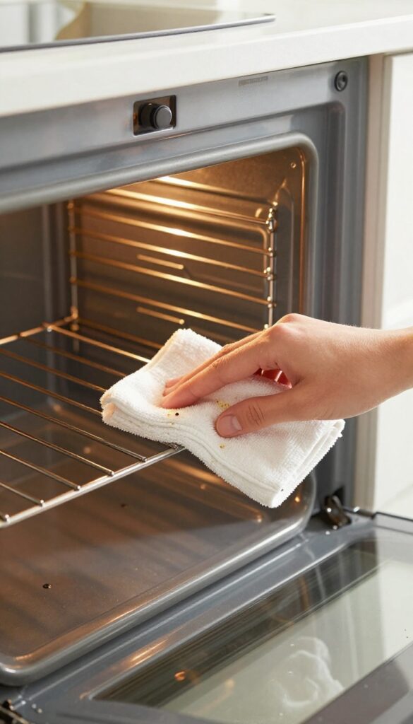 Person wiping inside of oven with damp cloth after cooking