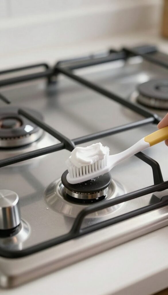 Old toothbrush with baking soda paste cleaning crevices around stove burner base