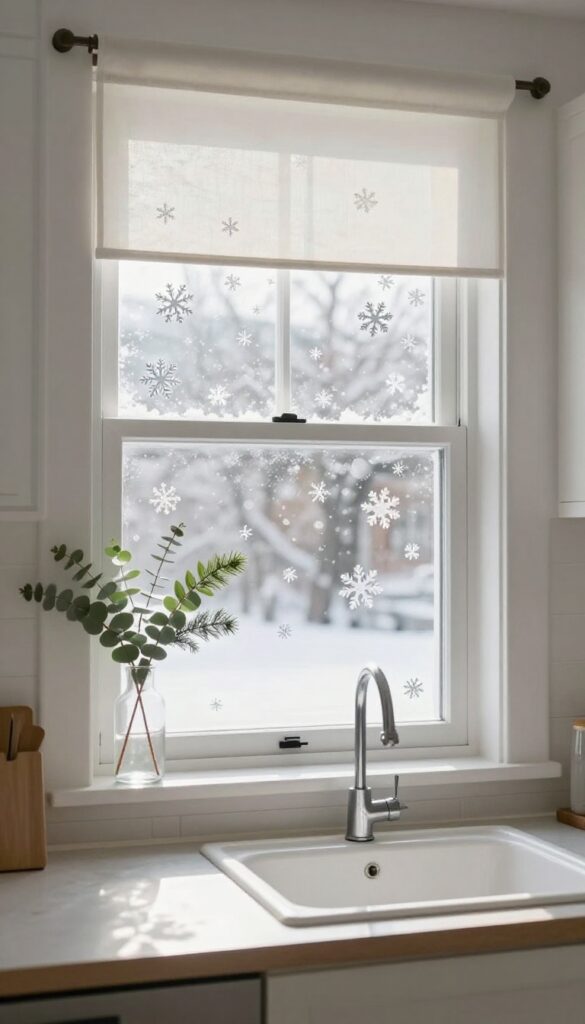 Small kitchen window with snowflake window clings, eucalyptus in vase, and white valance, bright natural light