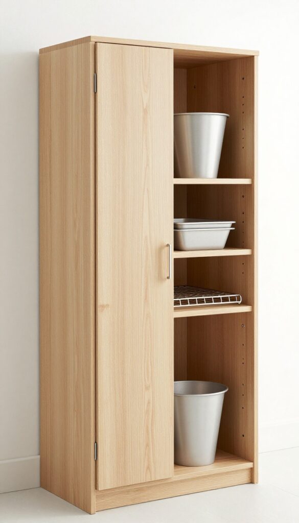 Vertical dividers organizing baking sheets and pans upright in a kitchen cabinet