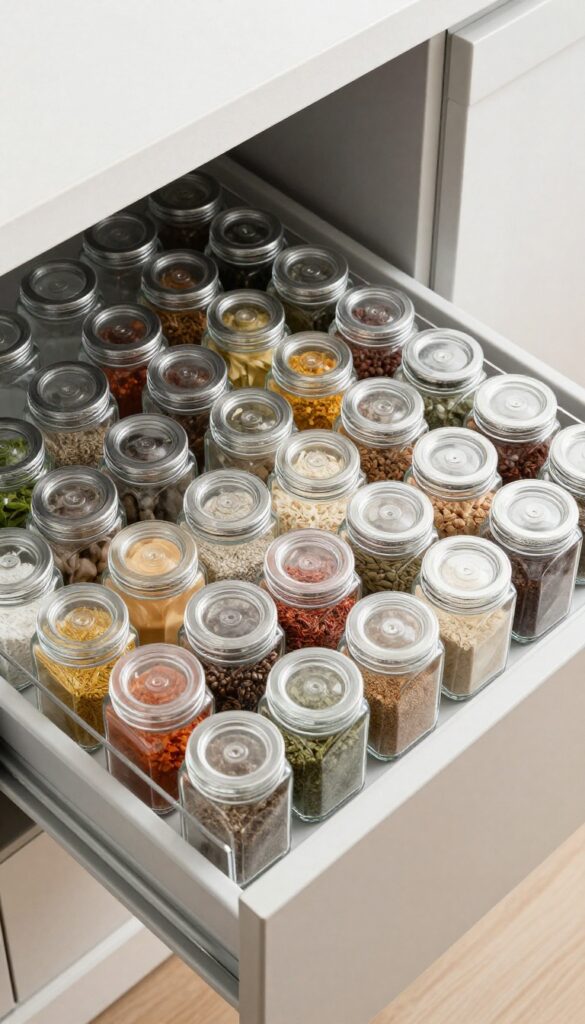 Clear acrylic spice drawer organizer with neatly arranged glass jars in a deep kitchen drawer, bright natural light, photorealistic interior design photography.