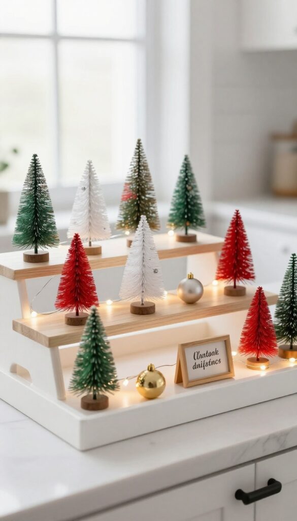 Tiered tray with miniature Christmas trees and ornaments on a kitchen counter