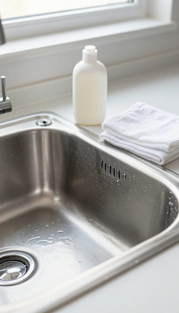 Shiny stainless steel sink with water beads and baby oil bottle