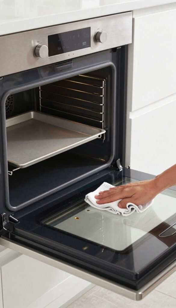 Person wiping a fresh spill inside a clean oven with a damp cloth, baking sheet on rack, bright natural light.