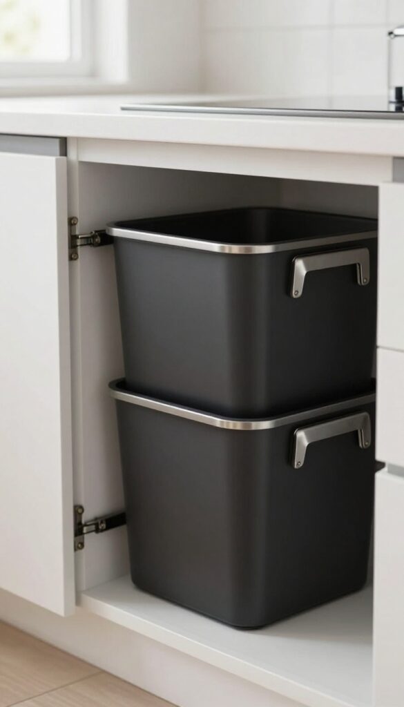 Pull-out trash and recycling bins in a modern kitchen cabinet