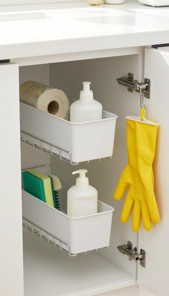 Under-sink cabinet with two sliding wire baskets holding cleaning supplies, sponge, and trash bags, with a glove hanging on a hook, bright natural light.