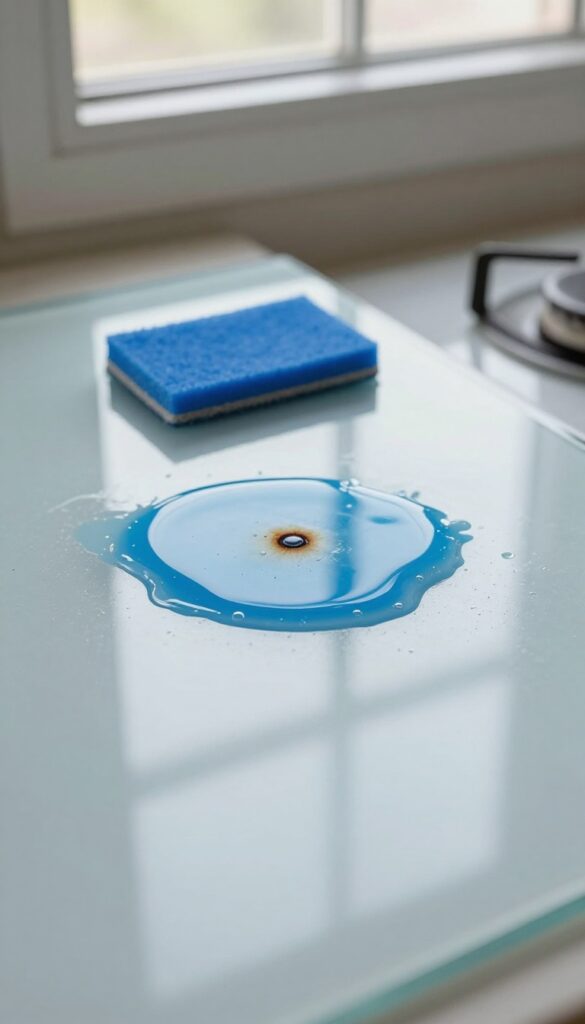 Glass stovetop with cleaner and scrubby pad on burnt spot