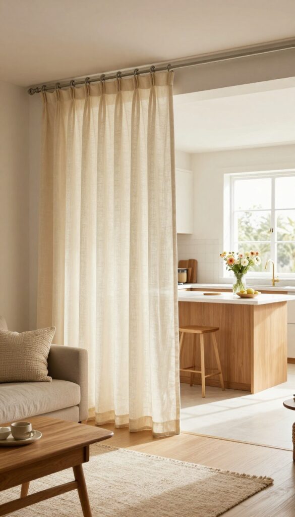 Small open-plan living room and kitchen divided by soft cream linen curtains from ceiling, warm cozy decor