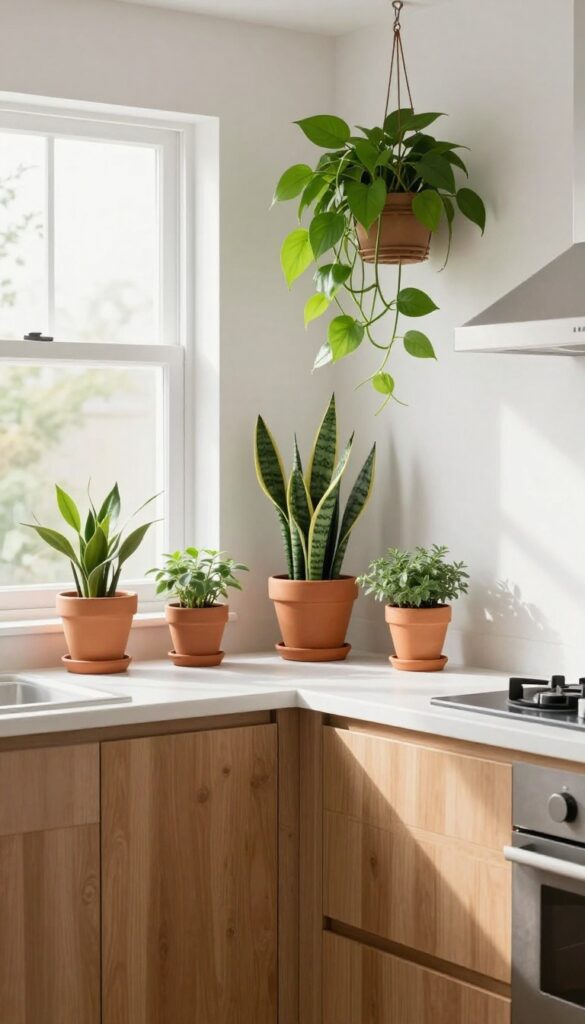 Cozy small basement kitchen with low-light plants on counter and hanging planter