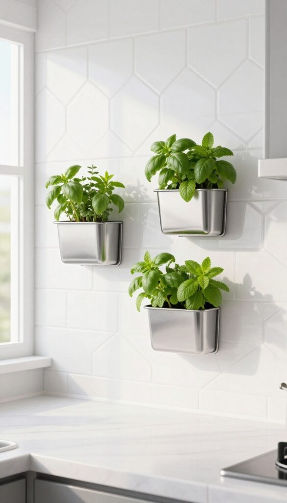 White hexagon tile kitchen splashback with a hanging herb planter, bright natural light, clean and modern.