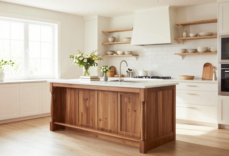 Kitchen island with turned wood legs and marble countertop in a bright, cozy kitchen